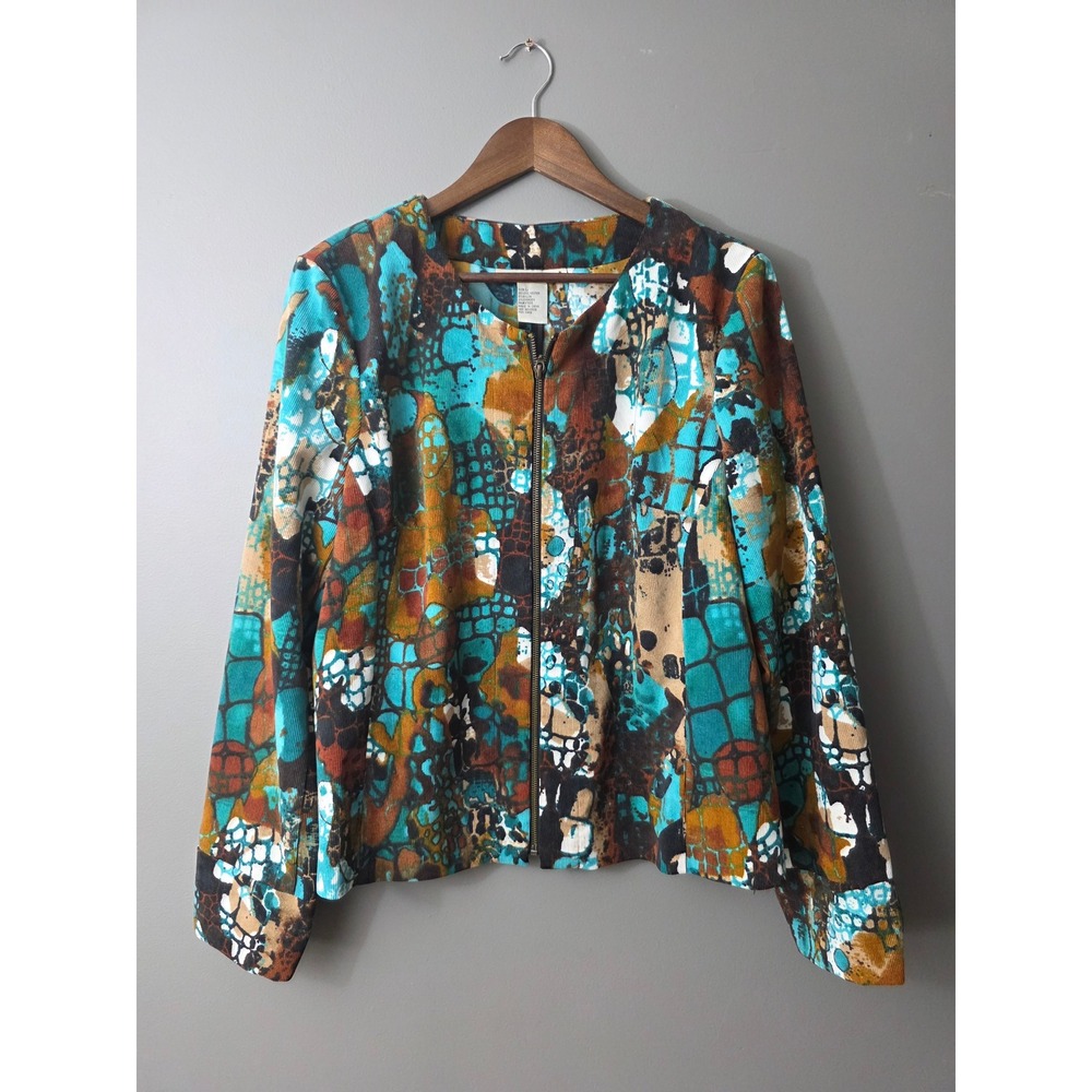 Requirements Women Large Abstract Print Zip Front Jacket Turquoise Brown